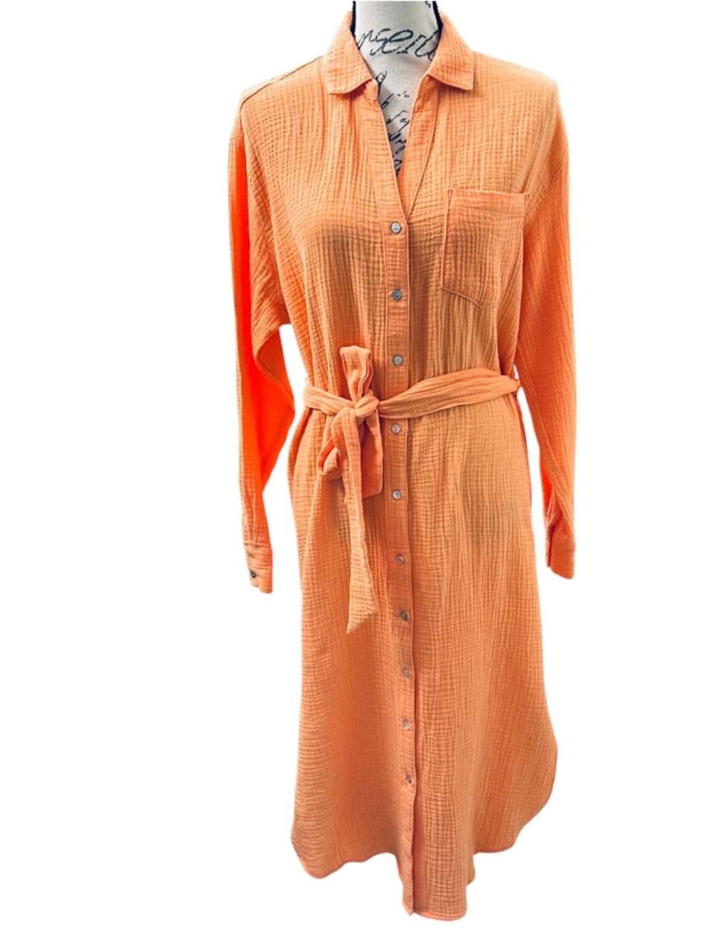 Magaschoni Peach-Orange Button-Front Shirt Dress with Tie Waist Organic Cotton